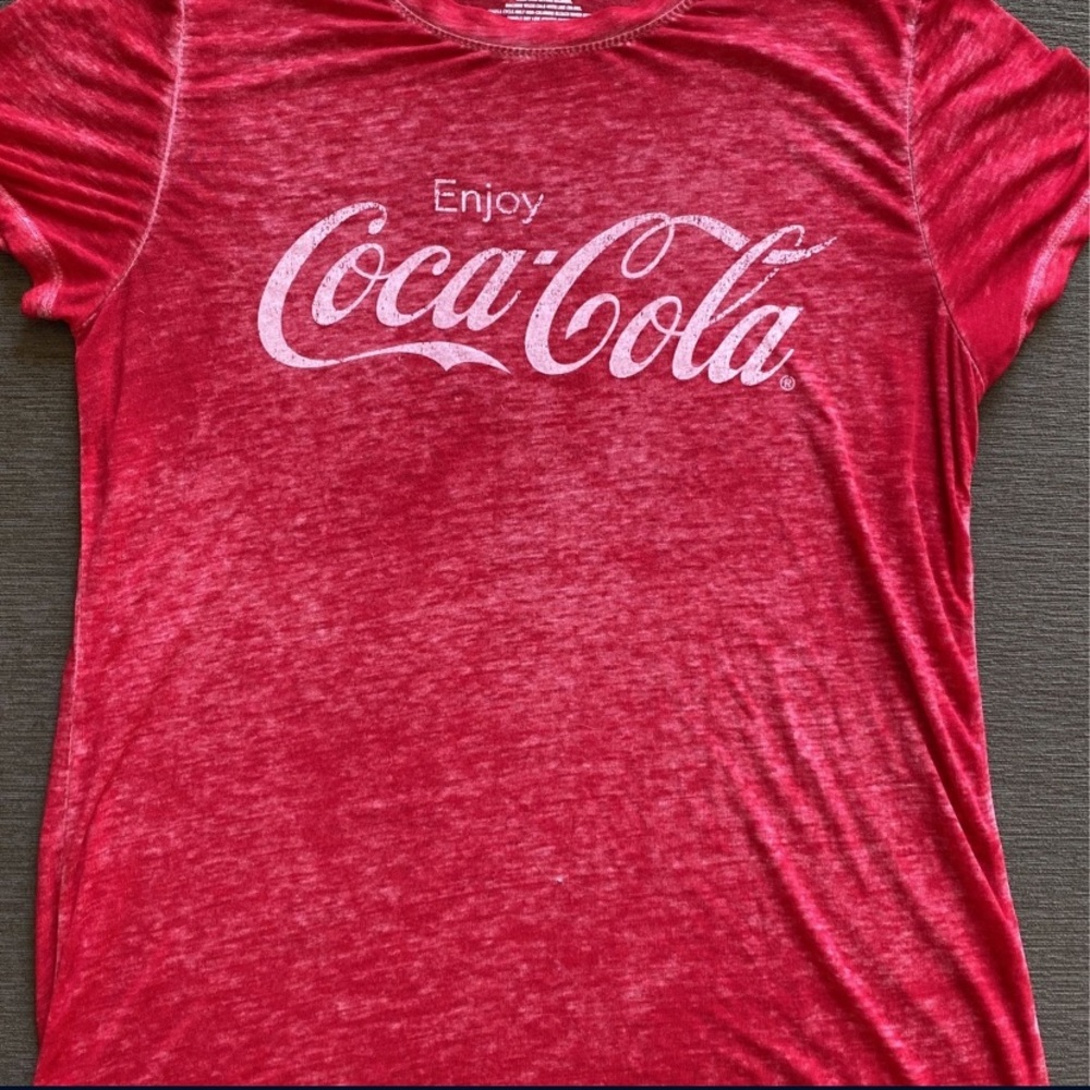 Red t-shirt, sheer thin material, distressed look - enjoy coca-cola